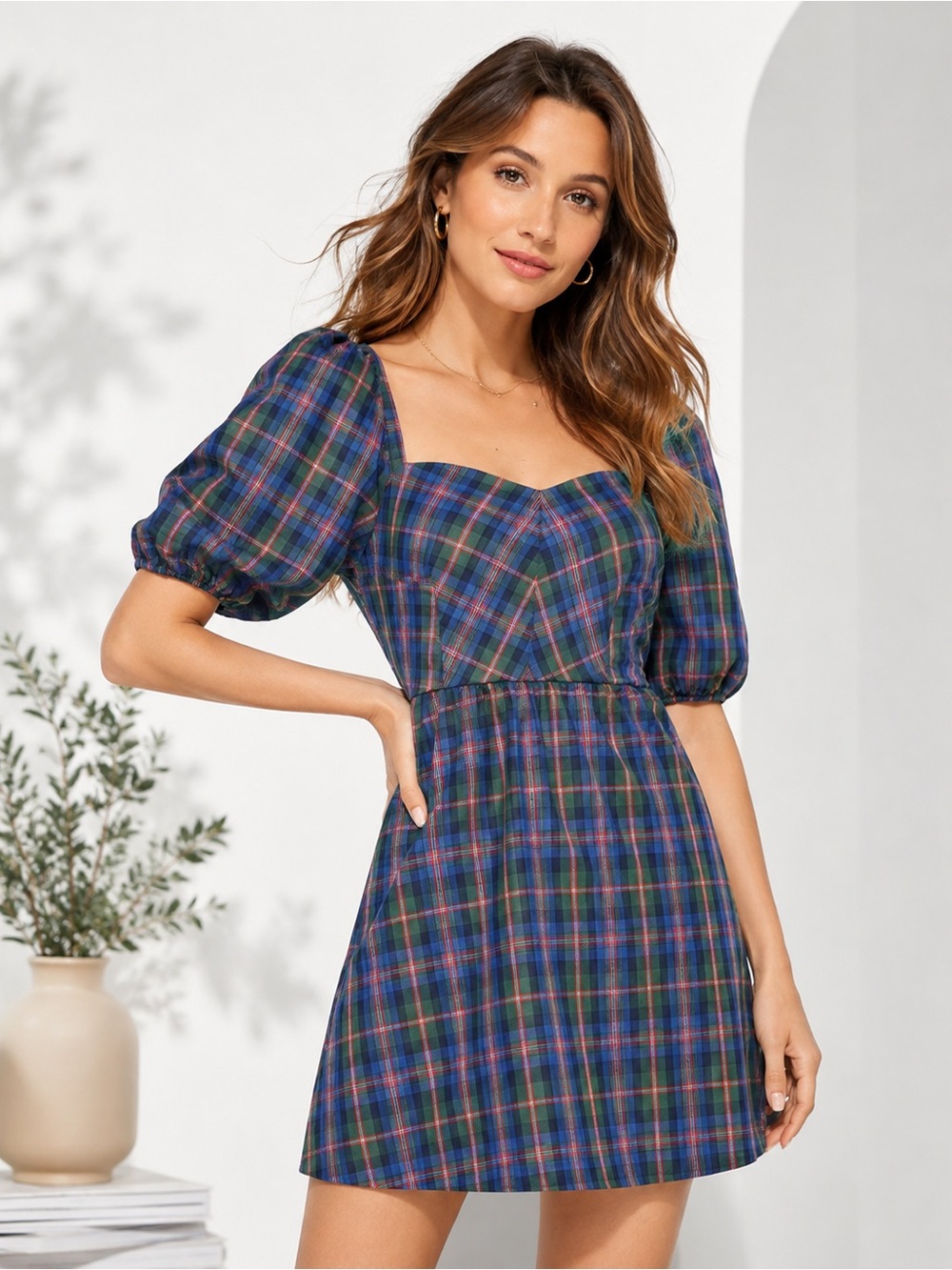 Old Navy Puff-Sleeve Blue Plaid Fit & Flare Taffeta Mini Dress